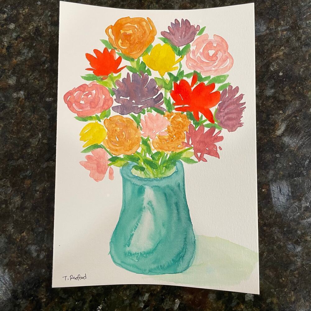 Hand painted watercolor original painting flowers vase 7x10"